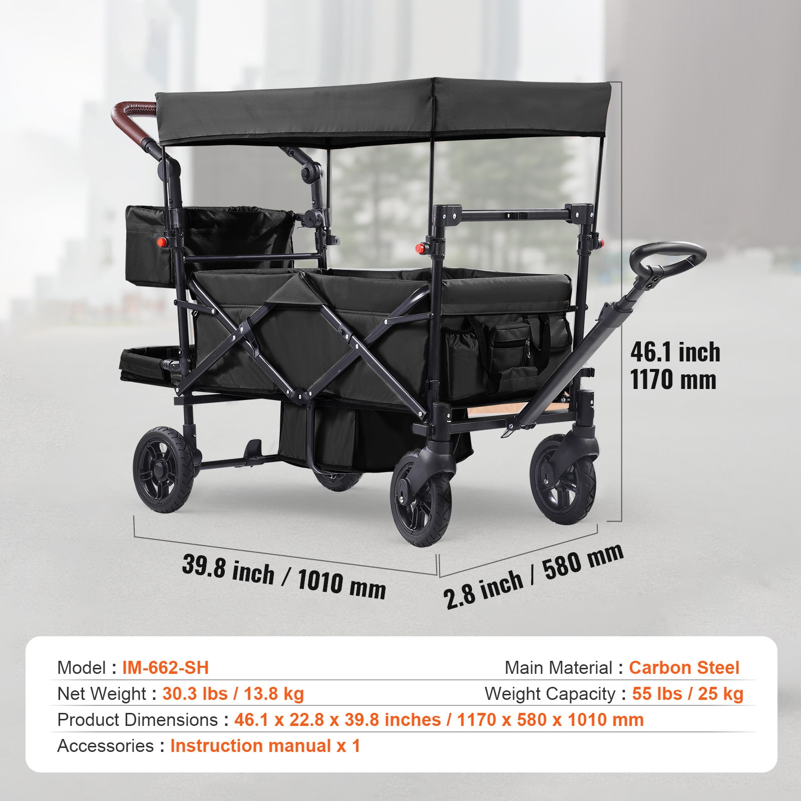 Foldable Garden Wagon Stroller For Two Kids With Canopy Black_voghion.com
